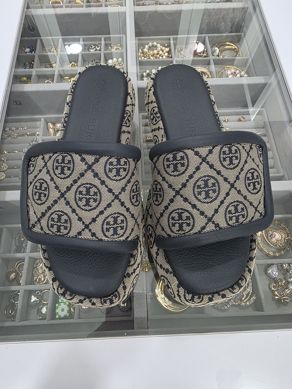 NWOT Tory Burch -T Monogram Jacquard Bubble Slides In Navy Logo